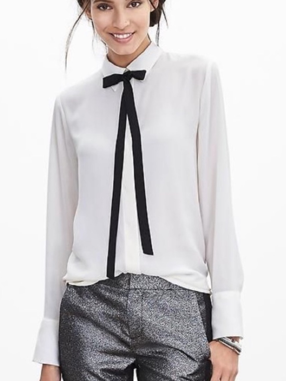 Banana Republic White Blouse with Black Bow Tie
